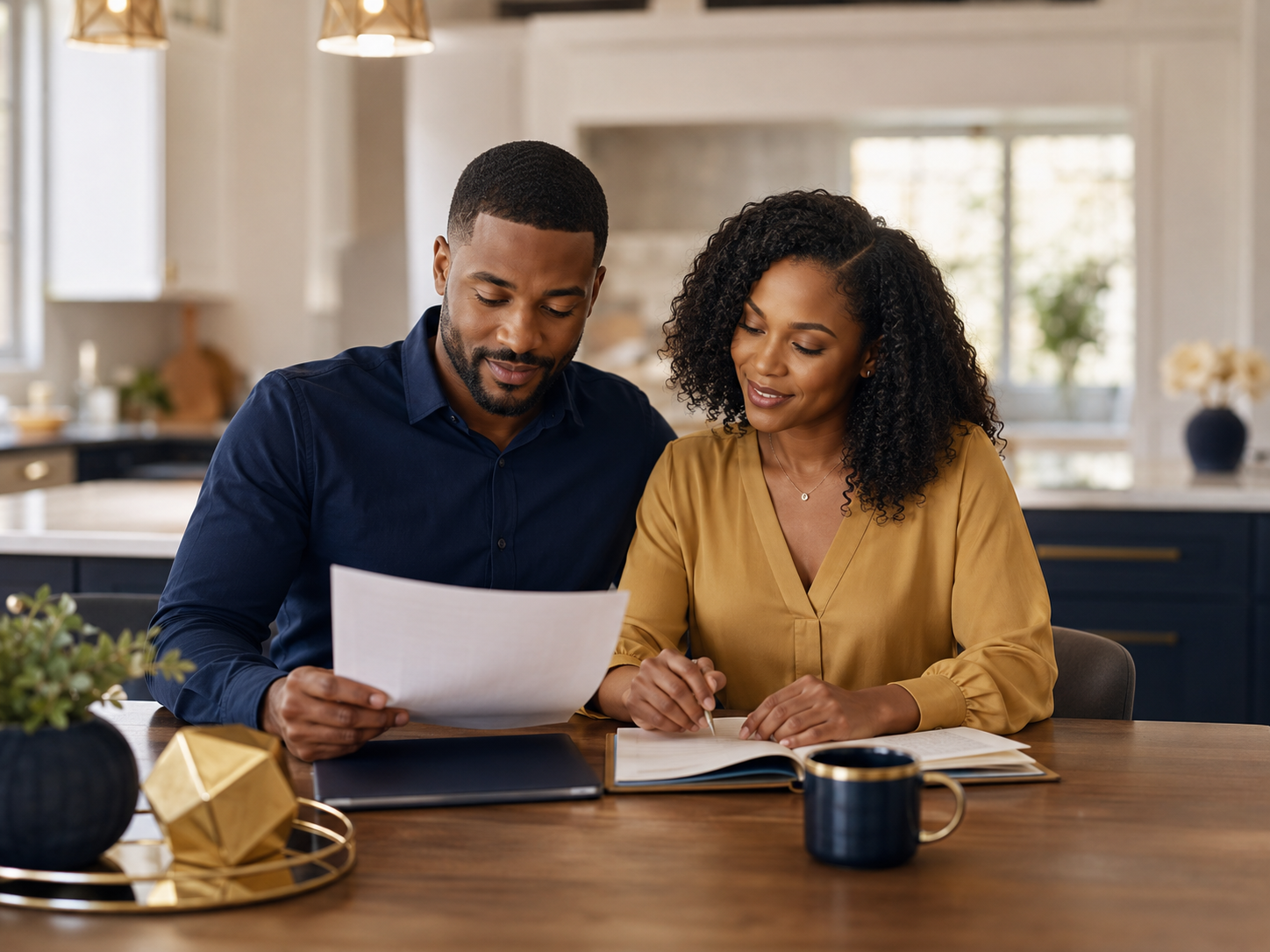 A couple thoughtfully reviewing financial documents together at home